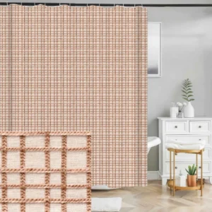 Badeforhæng med flettet mønster i beige og varme brunlige nuancer