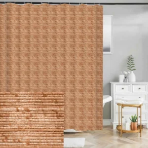 Badeforhæng med fint flettet mønster i varme brunlige naturtoner