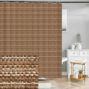 Badeforhæng med flettet mønster i brun og beige med vandrette striber