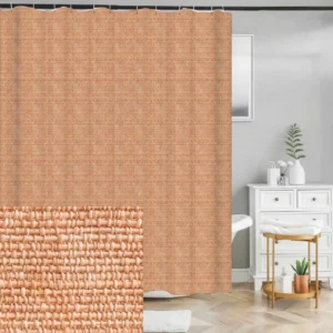 Badeforhæng med flettet struktur i varme terracotta nuancer