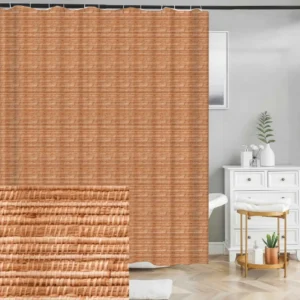 Badeforhæng med flettet mønster i varme brune og terracotta nuancer