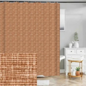 Badeforhæng med grov flettet struktur i varme brune naturfarver