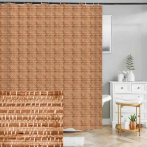 Badeforhæng med fint flettet mønster i varme brune og beige nuancer