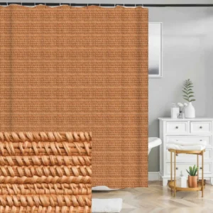 Badeforhæng med flettet mønster i varme gyldne brunlige nuancer