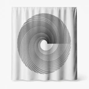 Badeforhæng med matematisk spiral og roterende linjestruktur – Science design i sort og hvid